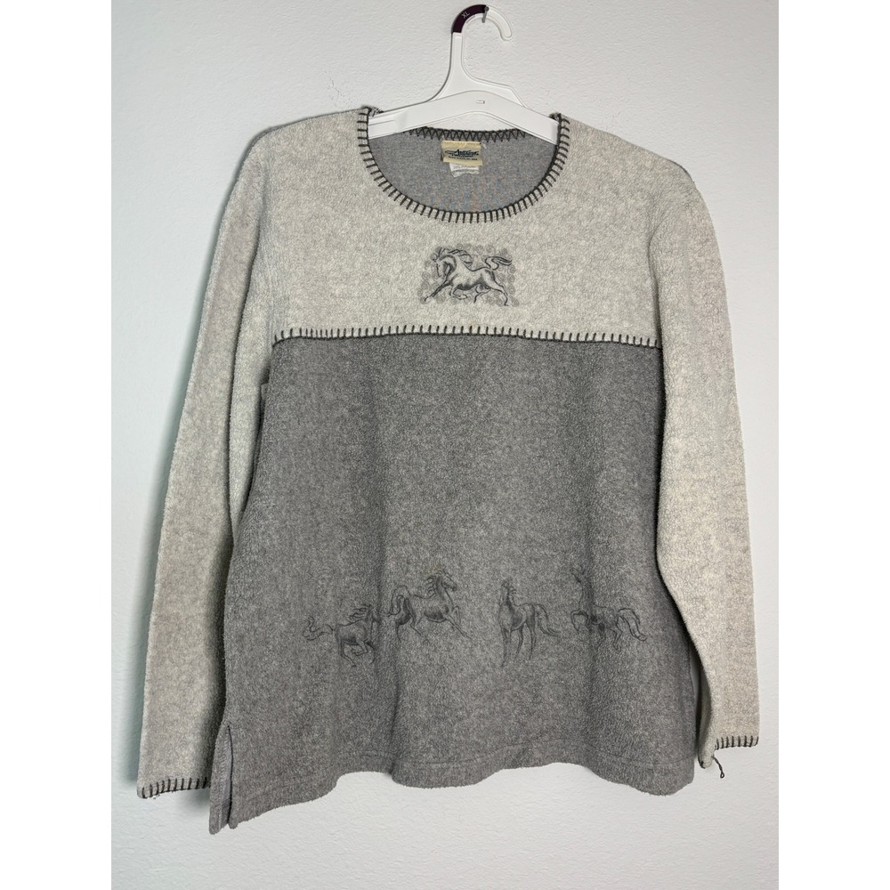 Artisans Glen Flora WI USA Embroidered Horse Fleece Sweatshirt Grey Womens XL